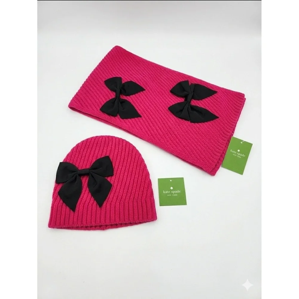 NWT KATE‎ SPADE New York Wool Blend Pink Ribbed Knit Beanie Hat & Scarf Set Bows